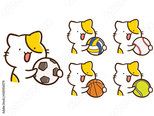 色々な球技のボールを持つかわいいねこの手書き風イラストセット