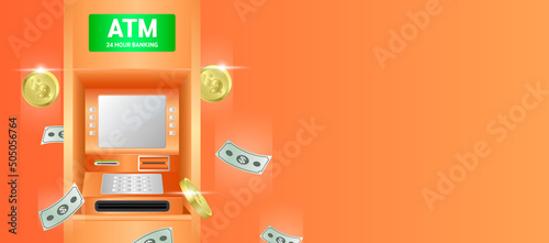 ATM Automated on orange wall background. Teller machine 24 hour. Dollar bills pouring and gold coins fall. Money transfers financial transactions. Template for advertisement horizontal long vector.