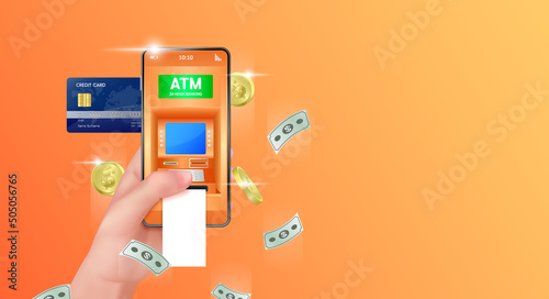Hand holding smartphone with online payment app, Credit card and coin. ATM Automated. Teller machine 24 hour. Money transfers financial transactions. Template for advertisement horizontal long vector.