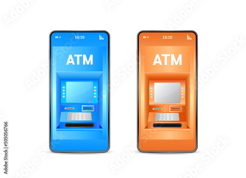 ATM machine on smartphone with online payment app. Secure mobile banking finance concept. Money transfers financial transactions. Phone with mobile orange, blue isolated on white background. Vector.
