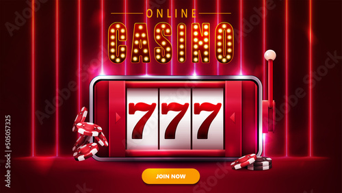 Red banner with smartphone with slot machine on screen and poker chips in scene with wall of line vertical neon lamps on background.