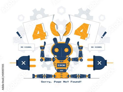 Vector concept illustration Robot with page not found 404 error flat cartoon style