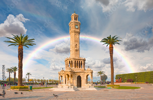 Izmir clock tower with rainbow. The famous clock tower became the symbol of Izmir