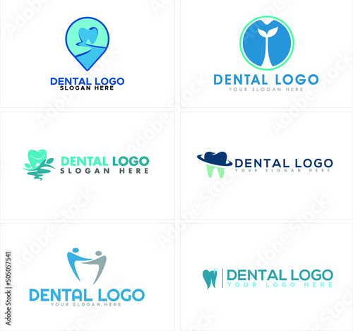 Dental clinic logo design concept style modern icon with various symbol tooth such as pin icon combination tooth, leaf water river, and two people line art vector illustration initial logo