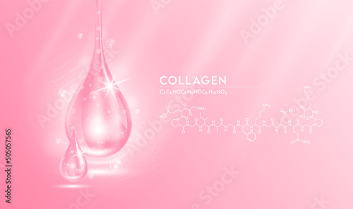 Drop water collagen pink  and structure. Vitamin solution complex with Chemical formula from nature. Beauty treatment nutrition skin care design. Medical and scientific concepts. 3D Realistic Vector E
