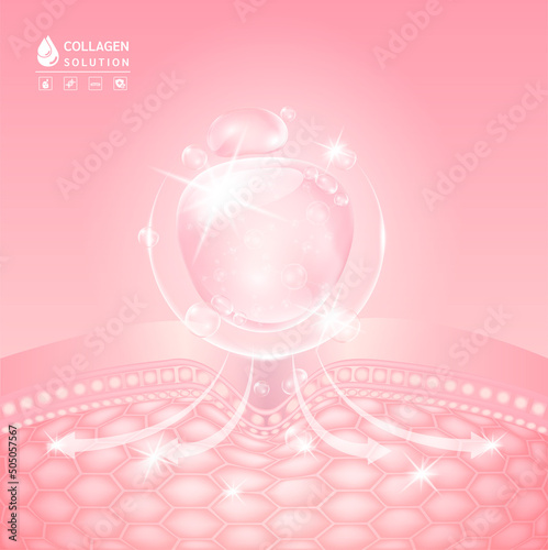 Collagen pink drop water,  Hyaluronic acid. Vitamin solution complex with Chemical formula from nature. Beauty treatment nutrition skin care design. Medical and scientific concepts. Vector EPS10.