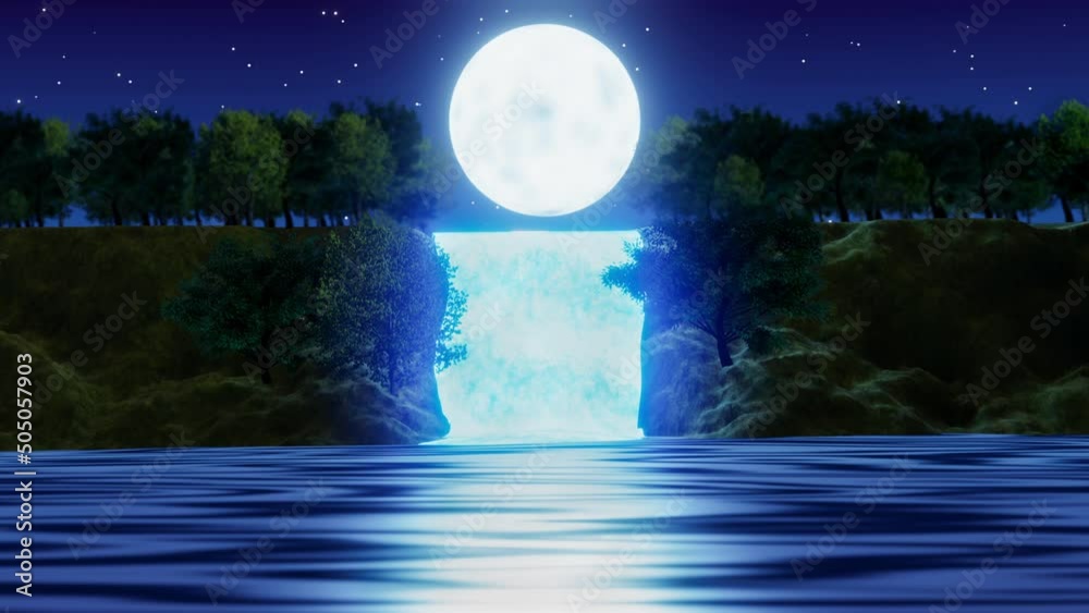 Waterfall cliff. Full moon night. Blue tone. Forest nature. Mountains and waterfalls. Glowing at night. Fantasy style. 3D Rendering.