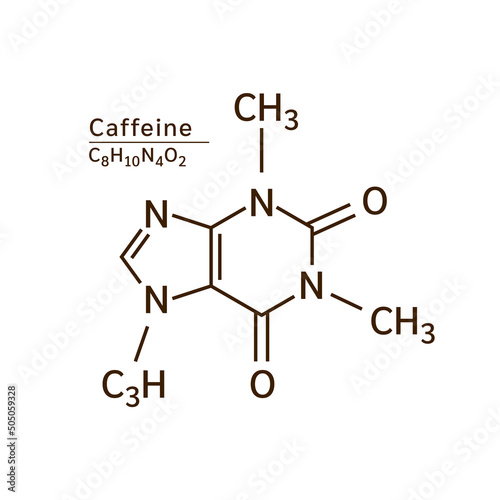 Caffeine structural chemical formula. Isolated on white background. Caffeine is a central nervous system stimulant. Medical and scientific concepts. Vector EPS10 illustration.