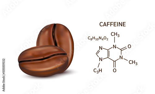 Coffee beans and Caffeine structural chemical formula. Isolated on white background. Vector EPS10 illustration. Caffeine is a central nervous system stimulant. Medical and scientific concepts.