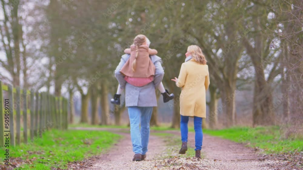 Rear view of grandfather giving granddaughter piggyback as they walk along autumn or winter track in countryside - shot in slow motion Rear view of grandfather giving granddaughter piggyback as they walk along autumn or winter track in countryside - shot in slow motion