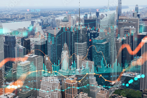 Aerial panoramic city view of Time Square area, Manhattan West Side and the Hudson River, New York city, USA. Forex graph hologram. The concept of internet trading, brokerage and fundamental analysis