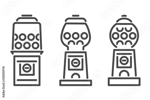 Gumball machine line icon set. Retro vending dispenser for candies and bubblegums. Sweets slot vector illustration isolated on white background