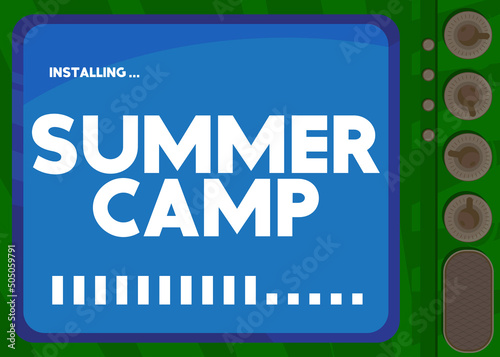 Cartoon Computer With the word Summer Camp. Message of a screen displaying an installation window.