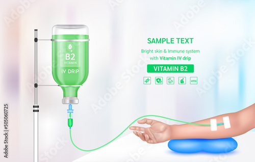 Vitamin iv drip treatment. Needle Intravenous for infusion on arm in clinic with warm tone. Vitamin B2 serum collagen green inside saline bottle. Medical and beauty concept. Vector EPS 10.
