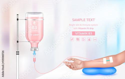 Vitamin iv drip treatment. Needle Intravenous for infusion on arm in clinic with warm tone. Vitamin B3 serum collagen pink inside saline bottle. Medical and beauty concept. Vector EPS 10.
