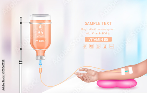 Vitamin iv drip treatment. Needle Intravenous for infusion on arm in clinic with warm tone. Vitamin B5 serum collagen orange inside saline bottle. Medical and beauty concept. Vector EPS 10.