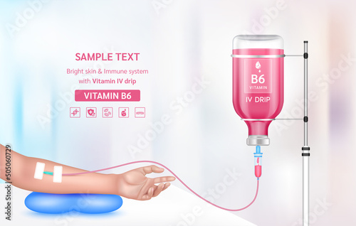 Vitamin iv drip treatment. Needle Intravenous for infusion on arm in clinic with warm tone. Vitamin B6 serum collagen red inside saline bottle. Medical and beauty concept. Vector EPS 10.