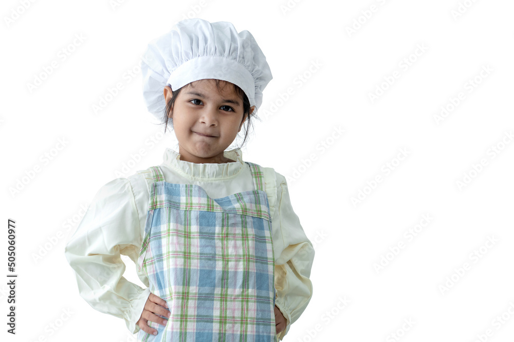 Close up portrait of adorable cheerful emotion facial girl with her hands on her hips, wearing chef's hat and apron isolate on white background, , with clipping path Close up portrait of adorable cheerful emotion facial girl with her hands on her hips, wearing chef's hat and apron isolate on white background, , with clipping path