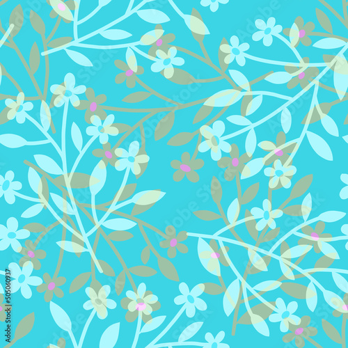 Spring botanical seamless pattern with delicate light pastel transparent layered twigs and flowers