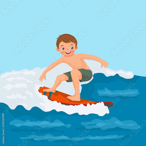 Cute little boy surfer riding on surfboard having fun on sea wave on the beach in summer vacation