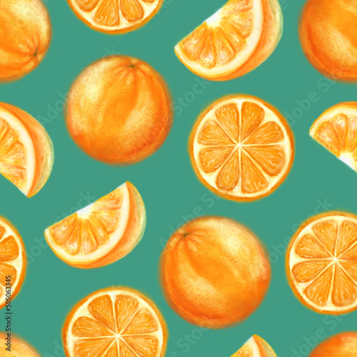 Juicy oranges seamless pattern. Bright summer design in a watercolor style.