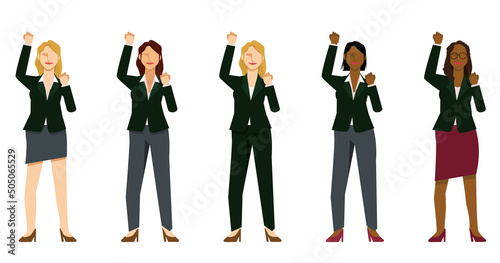 ガッツポーズの多人種の女性ビジネスマンのイラストセット8等身　白人黒人アジア人インフォグラフィックス　fist pump
