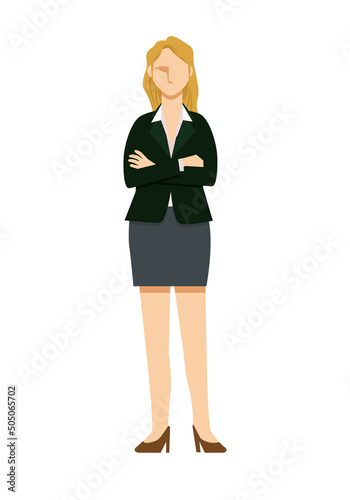 腕組みをする白人系女性ビジネスマンのイラスト　8等身　白背景　ビジネスイメージ　