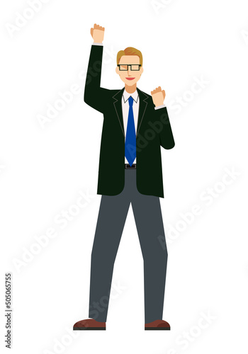 ガッツポーズの白人系男性ビジネスマンのイラストセット8等身　fist pump
