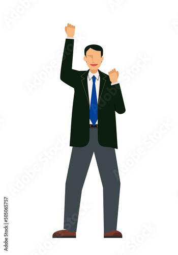 ガッツポーズのアジア系男性ビジネスマンのイラストセット8等身　fist pump
