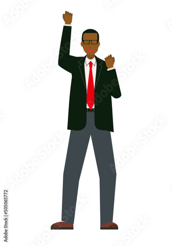 ガッツポーズの黒人系男性ビジネスマンのイラストセット8等身　fist pump
