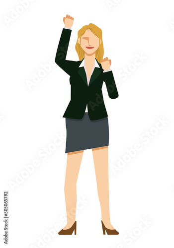 ガッツポーズの白人系女性ビジネスマンのイラストセット8等身　fist pump
