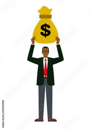 ドルの金袋を持つ黒人系男性ビジネスマンのイラスト8等身　金融イメージ　インフォグラフィックス