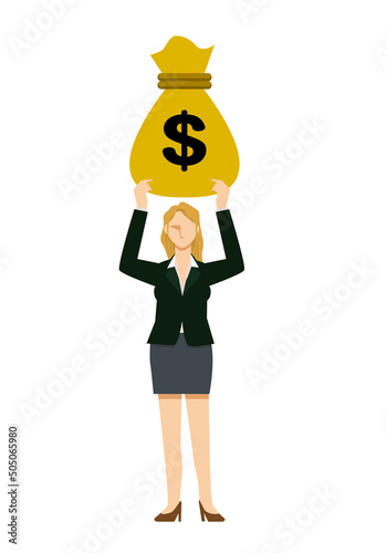 ドルの金袋を持つ白人系女性ビジネスマンのイラスト8等身　金融イメージ　インフォグラフィックス