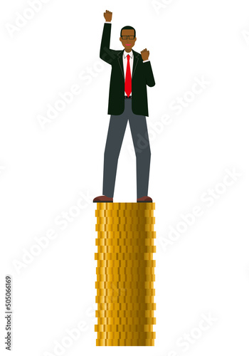 ゴールドのコインの上に乗る黒人系男性ビジネスマンのイラスト　8等身インフォグラフィックス　fist pump