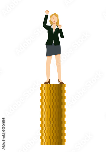 ゴールドのコインの上に乗る白人系女性ビジネスマンのイラスト　8等身インフォグラフィックス　fist pump