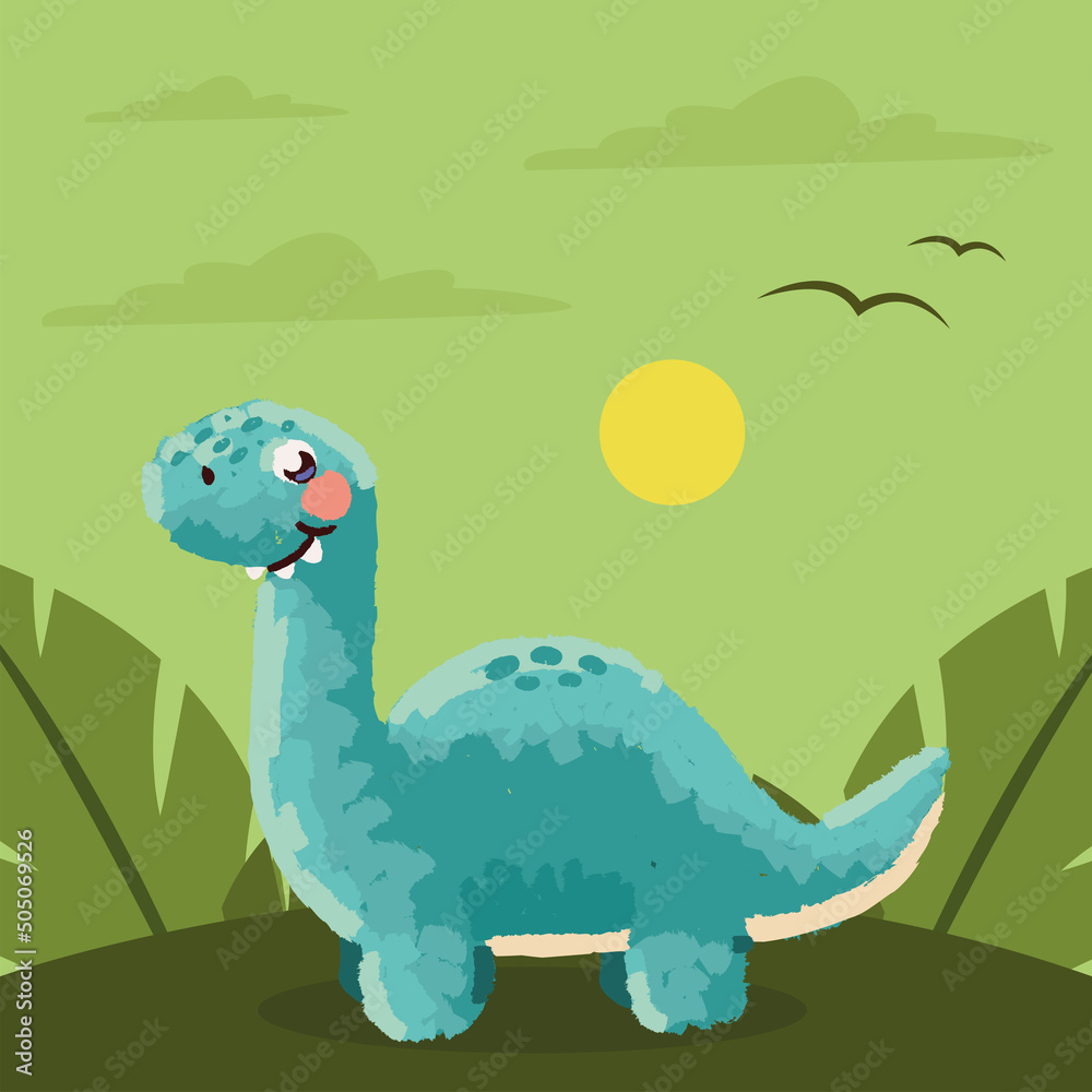 Fototapeta premium cute dinosaur and tropical leaf