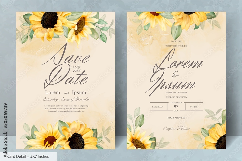 Hand Drawn Wedding Invitation Card Set with Watercolor Sunflower
