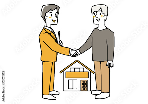 不動産の契約をした男性　コミカルな手書きの人物　ベクター、温かみのある線画
