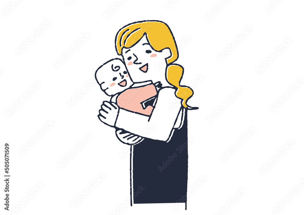 赤ちゃんを抱きしめる母親　コミカルな手書きの人物　ベクター、温かみのある線画