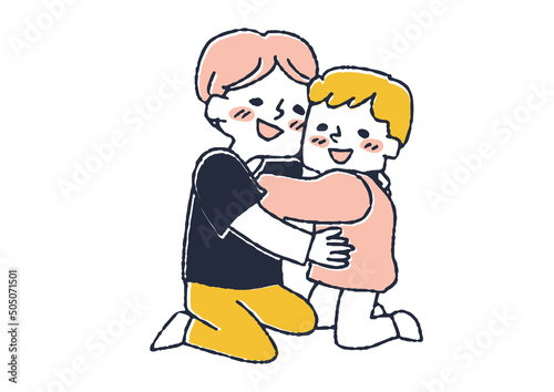 弟を抱きしめる小さな男の子　コミカルな手書きの人物　ベクター、温かみのある線画