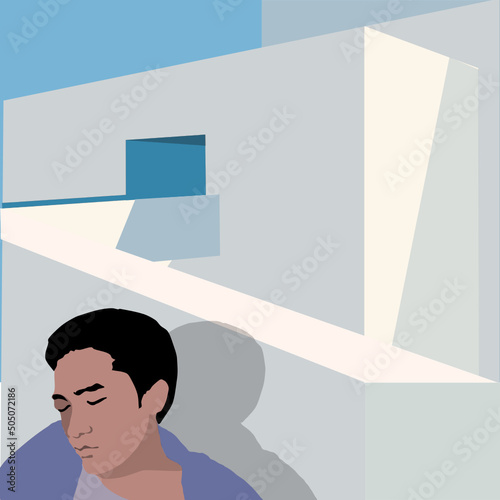 Sunny day, minimalist background, vector illustration, a man takes a nap while leaning against a white building.
