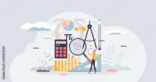 Mathematics as algebra, geometry and physics study tiny person concept. Numbers and equations knowledge with university education learning vector illustration. Formulas and arithmetic science teaching photo