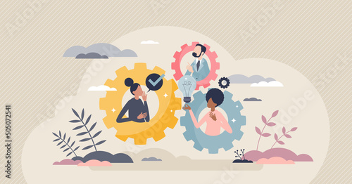 Brainstorm cooperation with new partners idea generation tiny person concept. Creative process with company workforce partnership, unity and collaboration for effective results vector illustration.