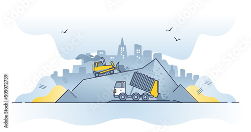 Consuming too much products with irresponsible lifestyle outline concept. Over consumption problem causing pile of garbage and trash in dump vector illustration. Pile of used plastic and fast fashion.