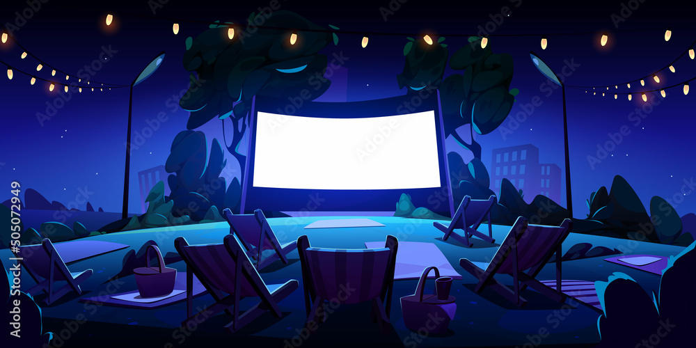 Night open air cinema on lawn in city park, garden or backyard. Vector cartoon summer landscape with empty outdoor movie theater with big screen, chaises, picnic baskets and lightbulb garland - obrazy, fototapety, plakaty 