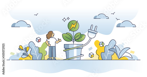 Biomass energy and electricity production with bio resources outline concept. Environmentally sustainable power station with recyclable resource consumption vector illustration. Ecological solution.