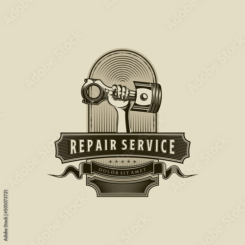 Mechanic logo vector illustration in vintage style, car repair service logo Design with Piston Element. Hand drawn vintage logo for automotive service workshop, repair service, mechanic workshop
