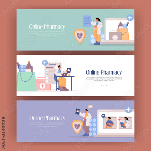 Online pharmacy posters. Virtual healthcare service for sale and delivery medical drugs and tablets. Vector banner with flat illustration of pharmacist, doctor with prescription and patient
