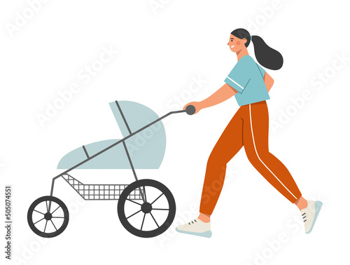 Young mother jogging with a baby buggy. Healthy lifestyle, sport, jogging and self care. Flat vector illustration.