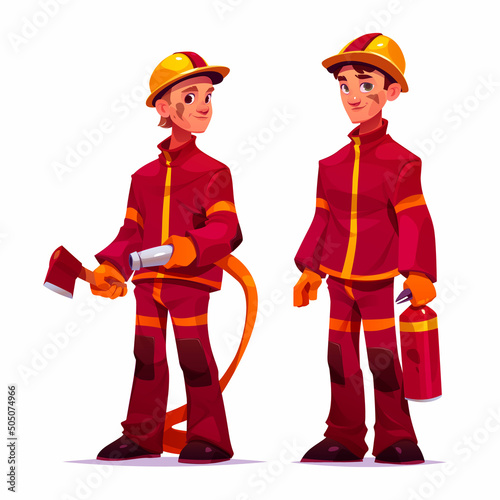 Firemen with extinguisher, water hose and ax. Vector cartoon illustration of two professional firefighters in red safety costume and helmet isolated on white background